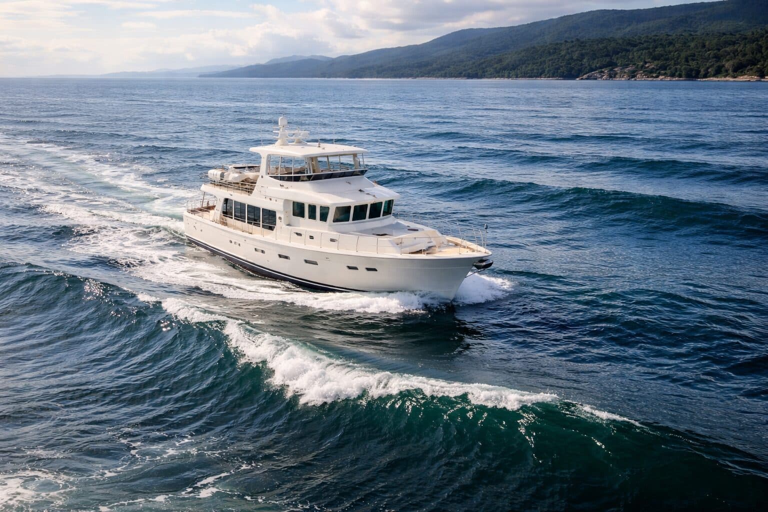 A white long-range trawler yacht under way along a wooded coastline